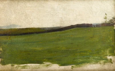 Tájkép zöld réttel és kapufallal, 1900 körül (olaj, rátétes preparált művészpanel)